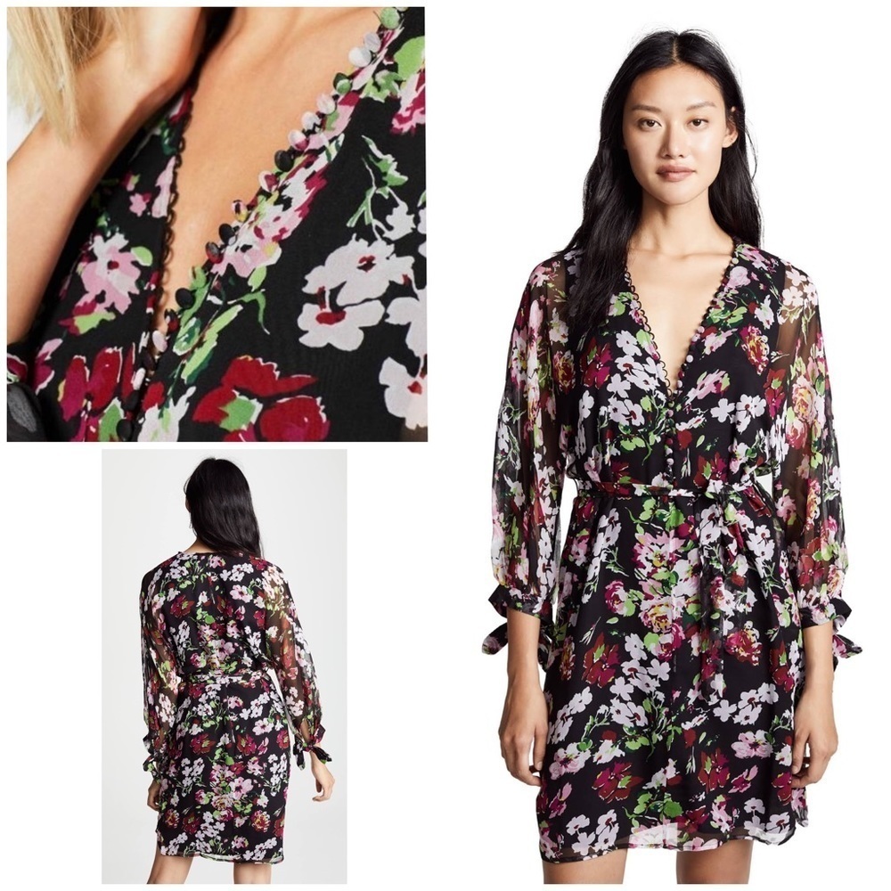 EQUIPMENT Natasha Floral Silk V-neck Shift 3/4 Sleeves Mini Dress XS​​​​​
